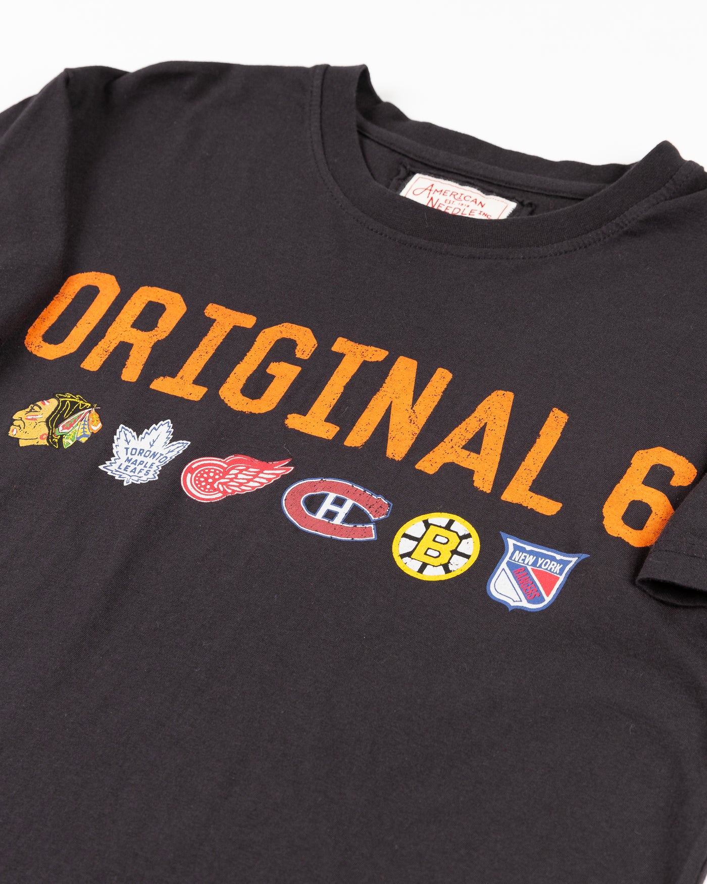 black American Needle tee with Original Six graphic across chest and NHL logo on left shoulder - front detail lay flat