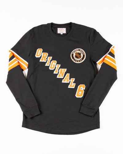 black American Needle long sleeve heavyweight cotton tee with Original Six details across front - front lay flat