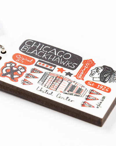 Neil Fine Julia Gash wooden keychain with Chicago Blackhawks inspired graphic - front detail lay flat
