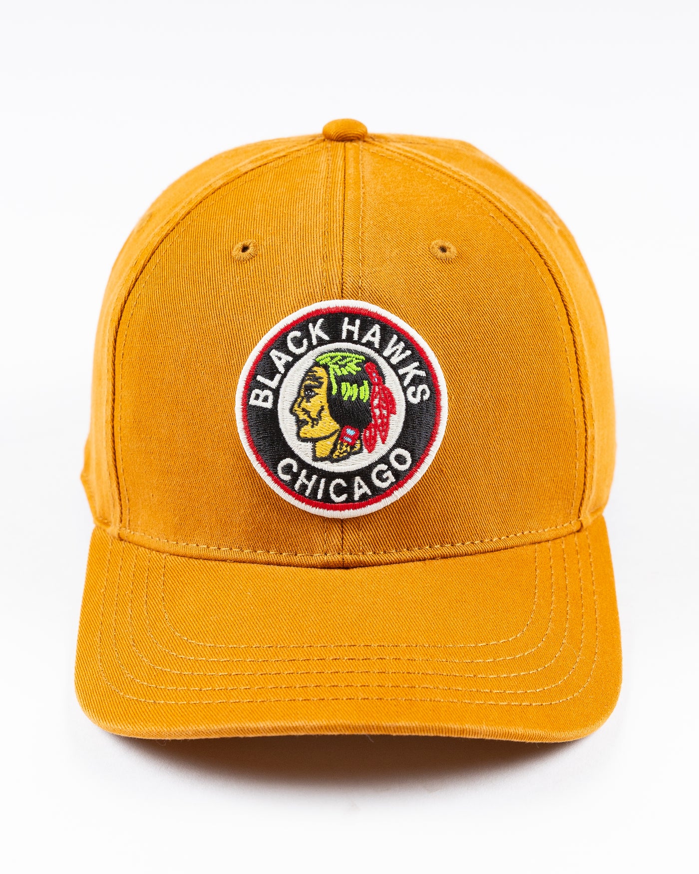 brown American Needle snapback cap with vintage Chicago Blackhawks logo embroidered on front - front lay flat