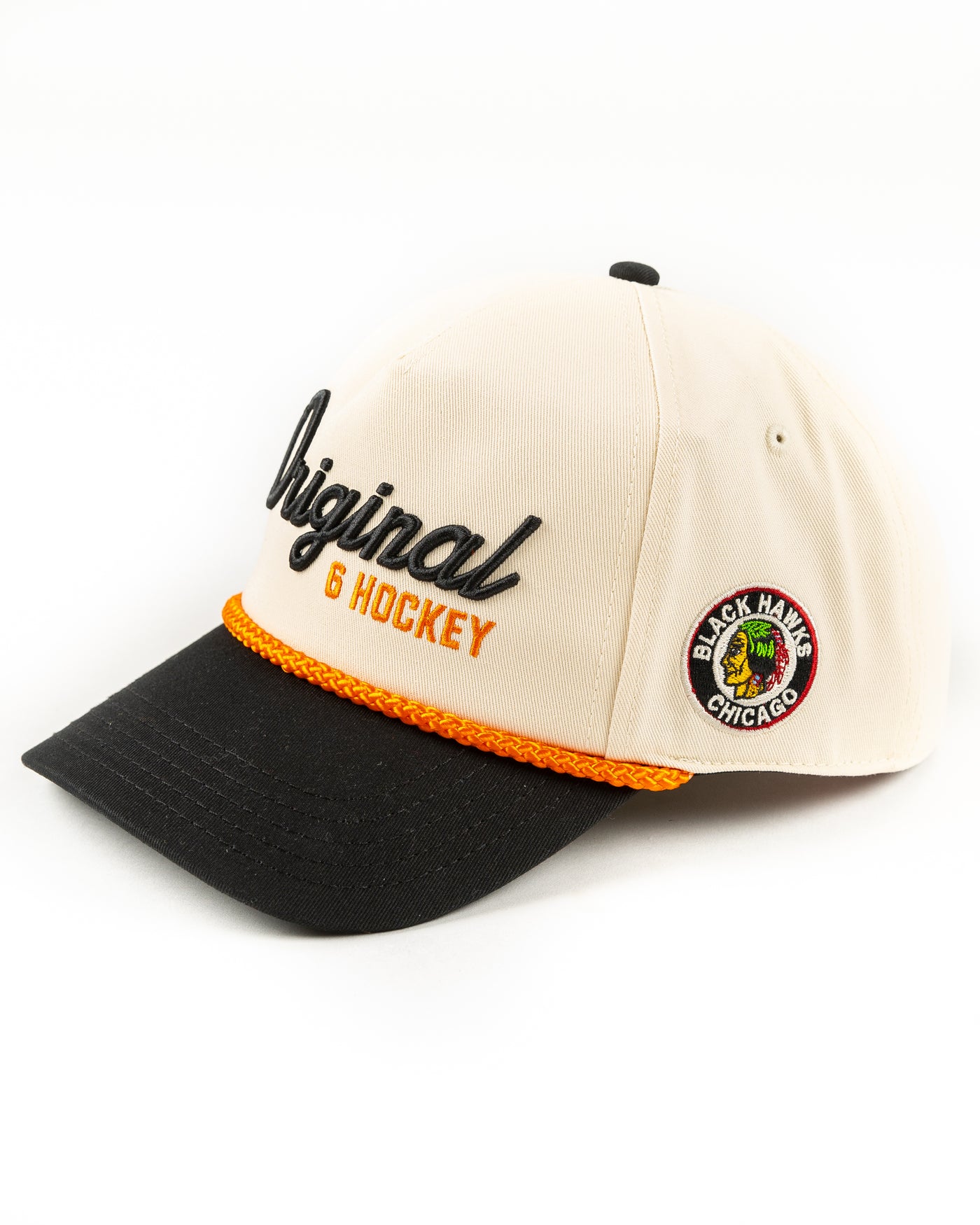 beige, black and orange snapback rope hat with Original Six hockey word graphic across front and vintage Chicago Blackhawks logo embroidered on left side - left angle lay flat