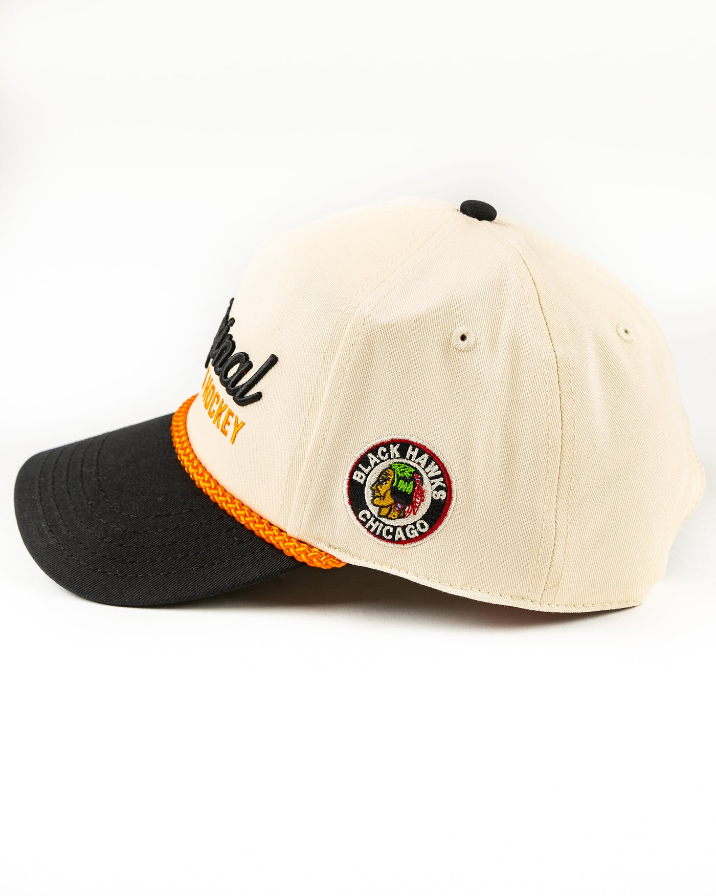 beige, black and orange snapback rope hat with Original Six hockey word graphic across front and vintage Chicago Blackhawks logo embroidered on left side - left side lay flat