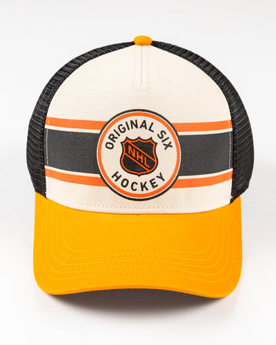 black, orange and beige American Needle trucker cap with Original Six hockey graphic - front lay flat