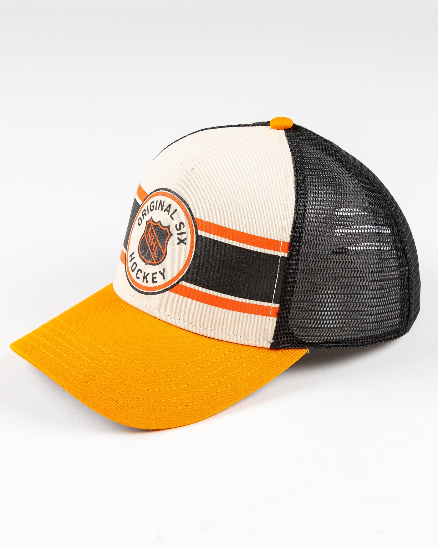 black, orange and beige American Needle trucker cap with Original Six hockey graphic - left angle lay flat