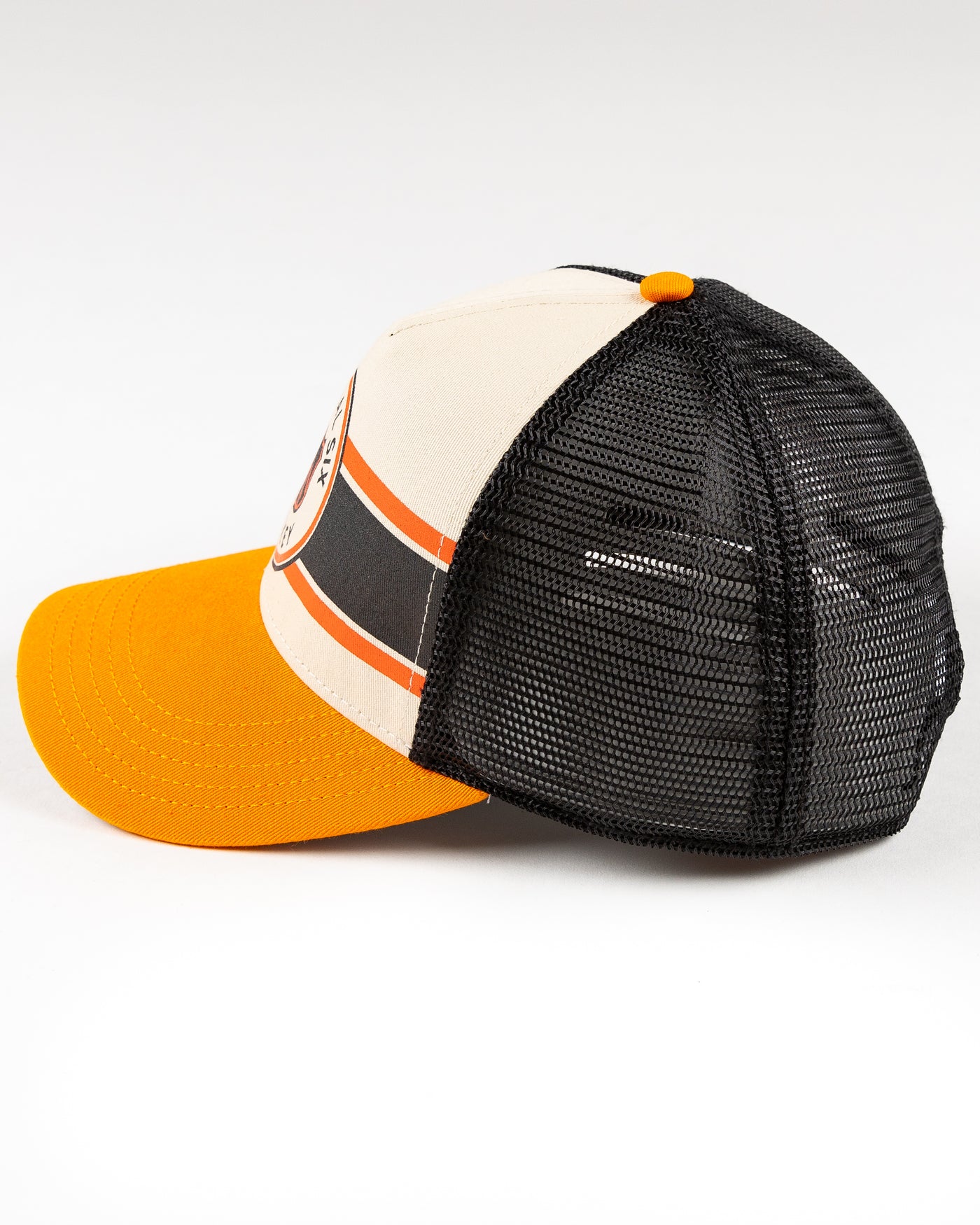 black, orange and beige American Needle trucker cap with Original Six hockey graphic - left side lay flat