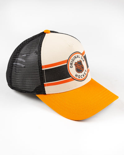 black, orange and beige American Needle trucker cap with Original Six hockey graphic - right angle lay flat