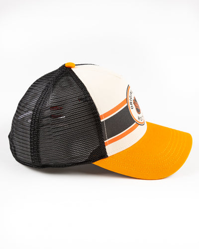 black, orange and beige American Needle trucker cap with Original Six hockey graphic - right side lay flat