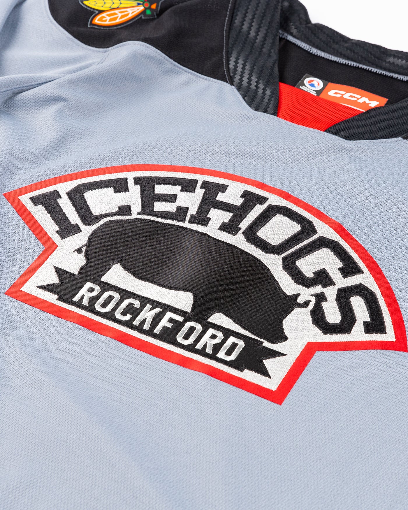 gray CCM Rockford IceHogs jersey - detail lay flat