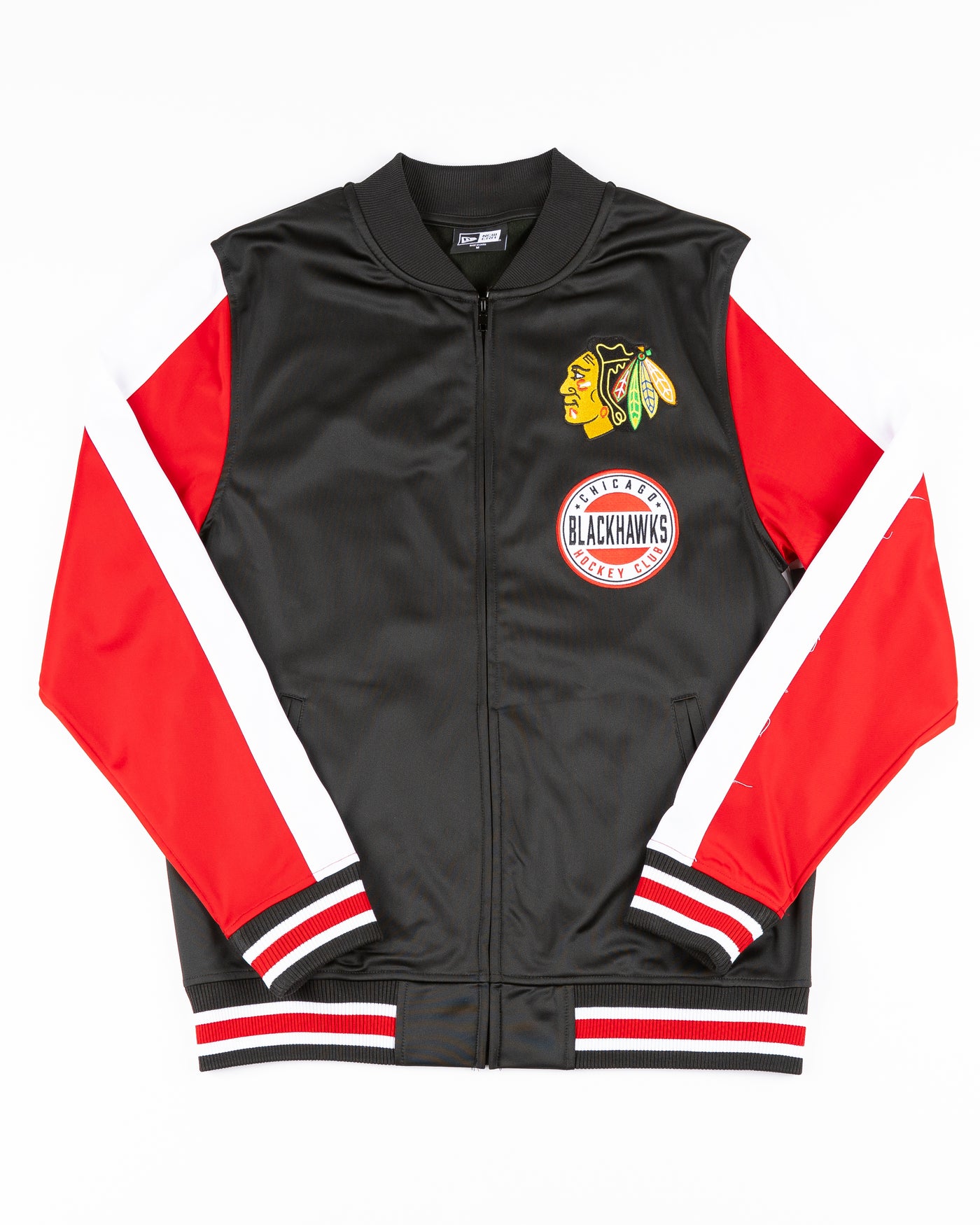 black red and white New Era track jacket with Chicago Blackhawks patches on front - front lay flat