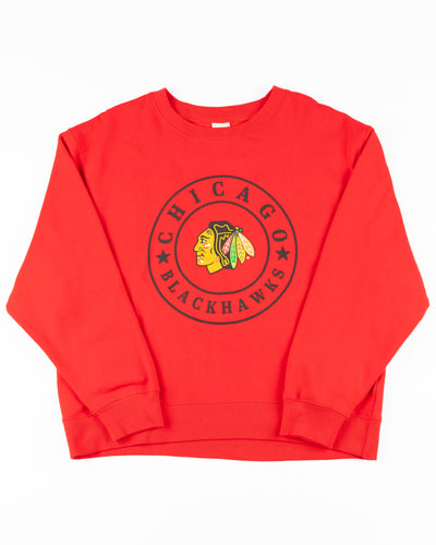 red ladies chicka-d crewneck with Chicago Blackhawks wordmark and primary logo in a circular design - front lay flat