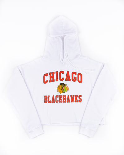 cropped white chicka-d ladies hoodie with Chicago Blackhawks wordmark and primary logo graphic across chest - front lay flat
