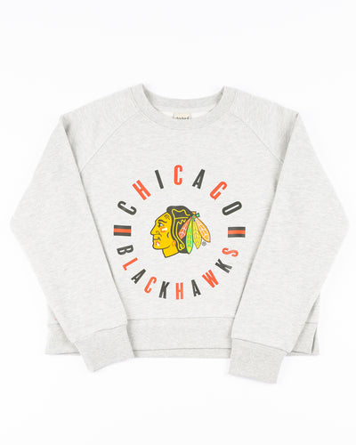 heather grey crewneck with Chicago Blackhawks wordmark and primary logo across front - front lay flat