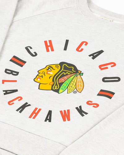 heather grey crewneck with Chicago Blackhawks wordmark and primary logo across front - detail lay flat