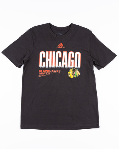 black adidas short sleeve tee with Chicago Blackhawks primary logo - front lay flat