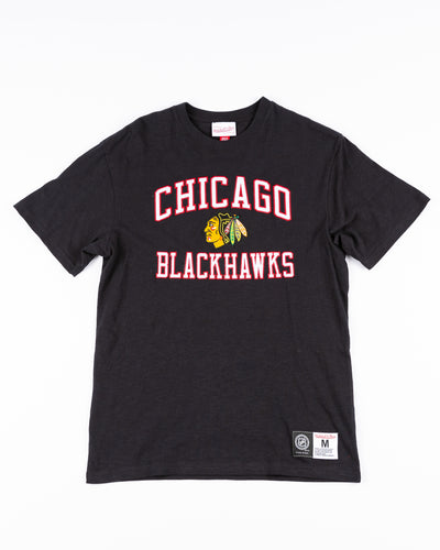 black Mitchell & Ness shirt with embroidered Chicago Blackhawks wordmark and primary logo on front - front lay flat