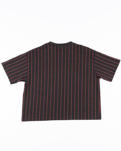 black with red pinstripes New Era cropped ladies tee with Chicago Blackhawks primary logo printed on left chest - back lay flat