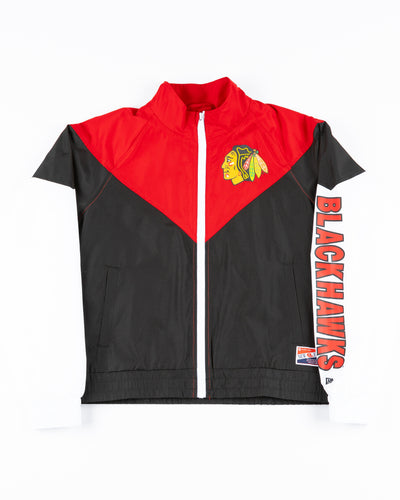 color block New Era ladies zip up track jacket with Chicago Blackhawks primary logo and wordmark on left arm - front lay flat