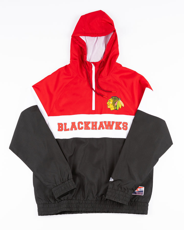 black red and white New Era hooded windbreaker jacket with Chicago Blackhawks wordmark and primary logo - front lay flat