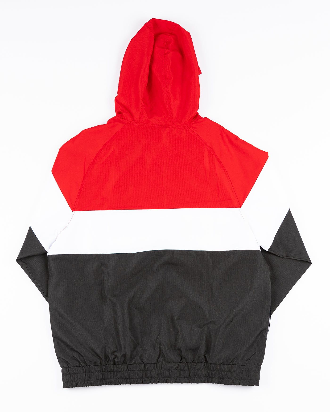black red and white New Era hooded windbreaker jacket with Chicago Blackhawks wordmark and primary logo - back lay flat