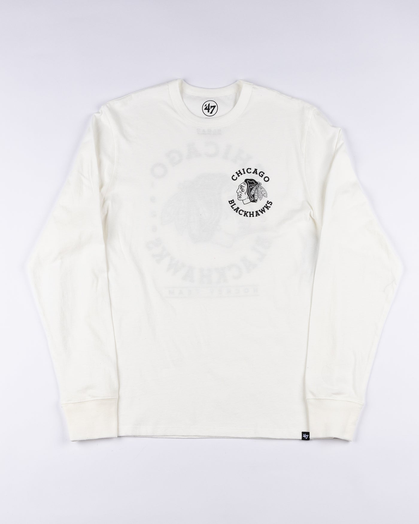 white '47 brand long sleeve tee with Chicago Blackhawks graphic on front left chest and back - front lay flat