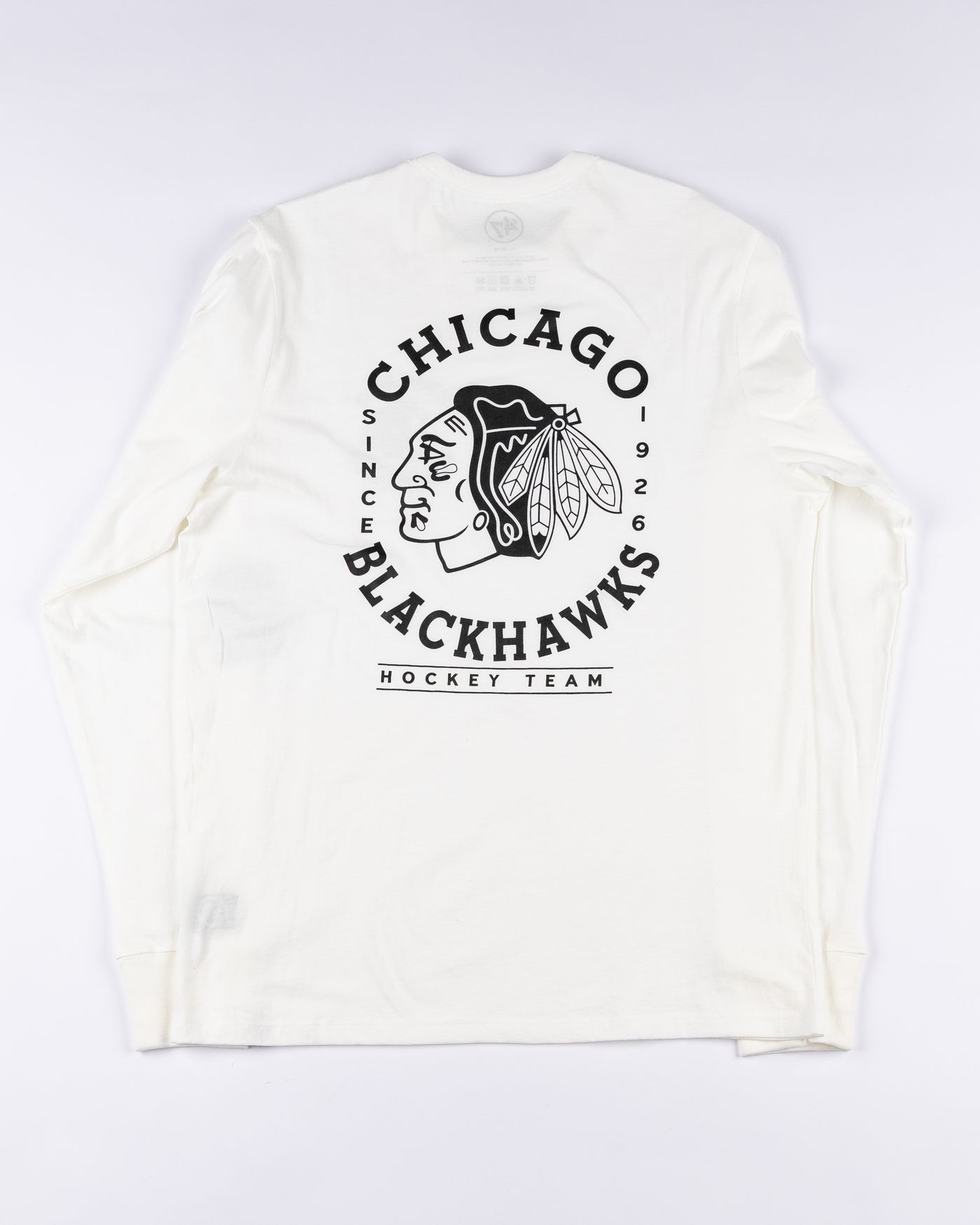 white '47 brand long sleeve tee with Chicago Blackhawks graphic on front left chest and back - back lay flat