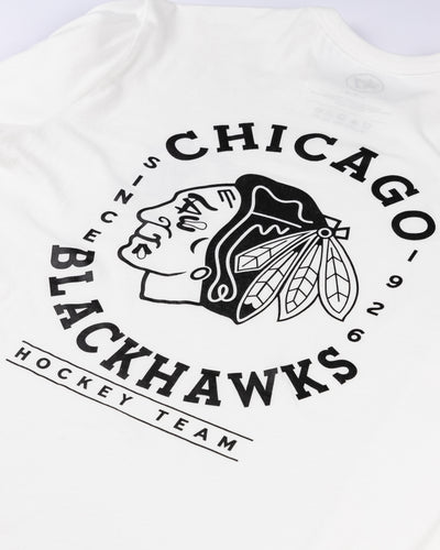 white '47 brand long sleeve tee with Chicago Blackhawks graphic on front left chest and back - back detail lay flat