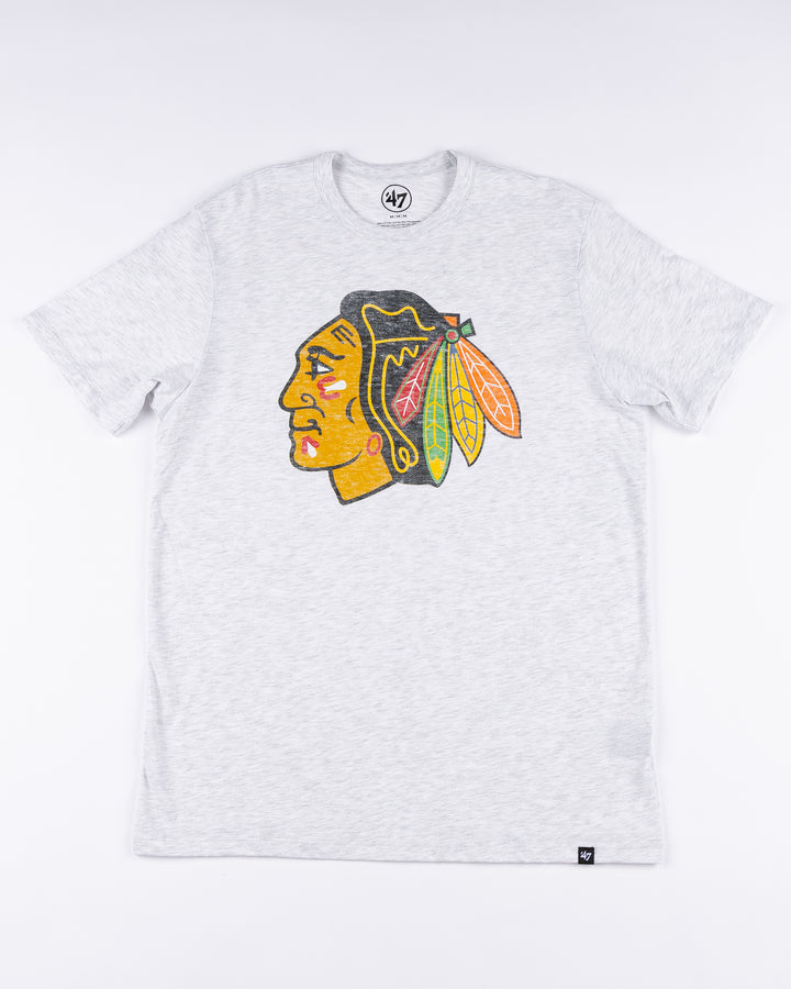 grey '47 brand tee with vintage distressed Chicago Blackhawks primary logo across chest - front lay flat