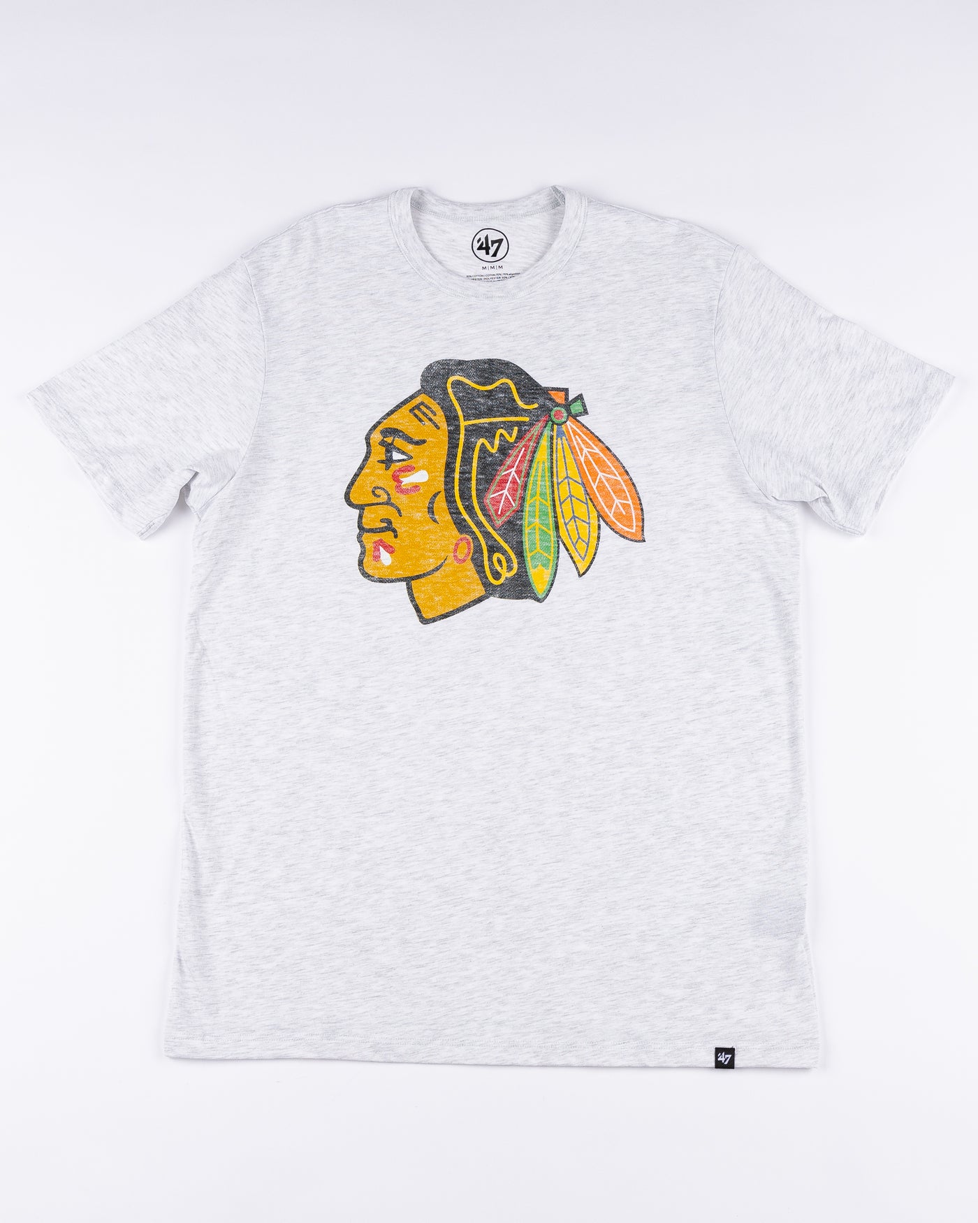 grey '47 brand tee with vintage distressed Chicago Blackhawks primary logo across chest - front lay flat