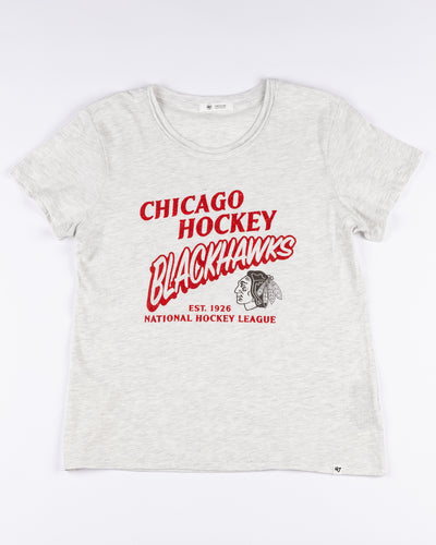 grey ladies '47 brand tee with Chicago Blackhawks wordmark and primary logo on front - front lay flat