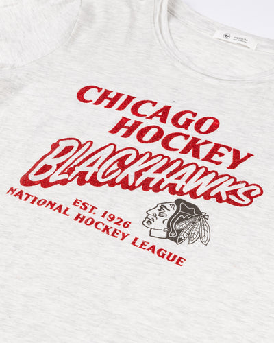 grey ladies '47 brand tee with Chicago Blackhawks wordmark and primary logo on front - front detail  lay flat