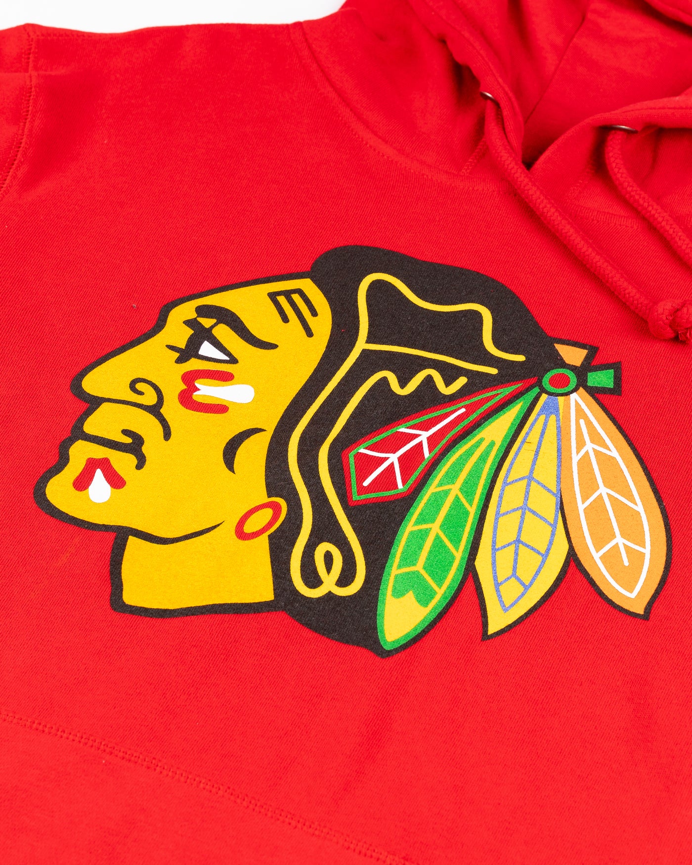 red '47 brand hoodie with Chicago Blackhawks primary logo on front - front detail lay flat