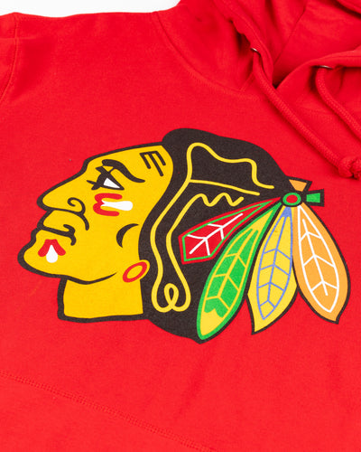 red '47 brand hoodie with Chicago Blackhawks primary logo on front - front detail lay flat