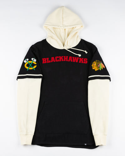 '47 brand layered hoodie with Chicago Blackhawks wordmark on front and primary and secondary logos on shoulders - front lay flat