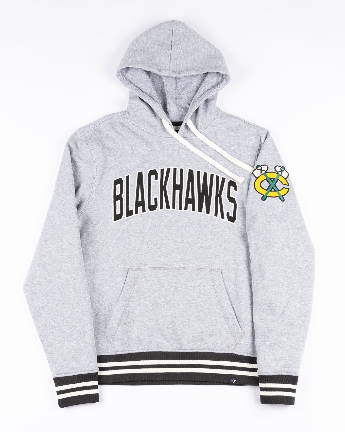 grey '47 brand hoodie with Chicago Blackhawks wordmark across chest and secondary logo on left shoulder - front lay flat