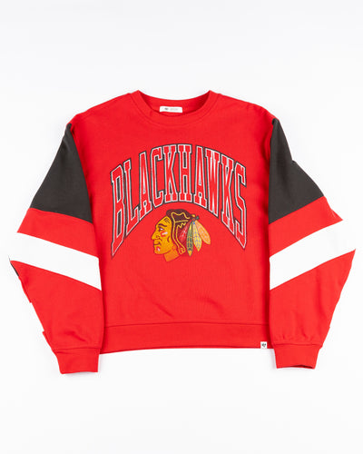 '47 brand three color blocked ladies crewneck with Chicago Blackhawks wordmark and primary logo on front - front lay flat