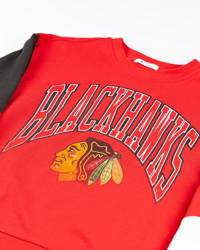 '47 brand three color blocked ladies crewneck with Chicago Blackhawks wordmark and primary logo on front - detail lay flat
