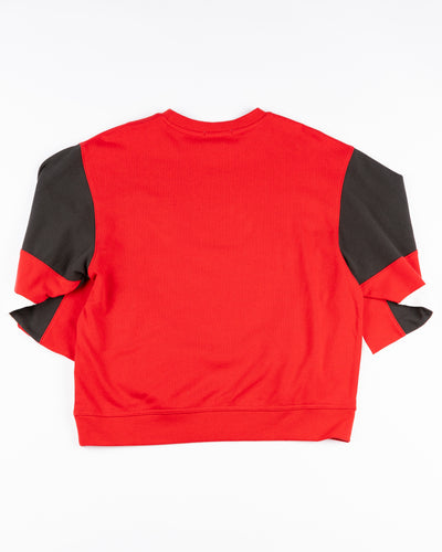 '47 brand three color blocked ladies crewneck with Chicago Blackhawks wordmark and primary logo on front - back  lay flat