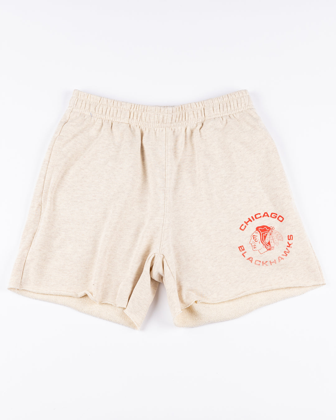 oatmeal '47 brand ladies shorts with Chicago Blackhawks logo printed on left thigh - front lay flat