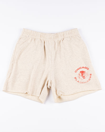 oatmeal '47 brand ladies shorts with Chicago Blackhawks logo printed on left thigh - front lay flat