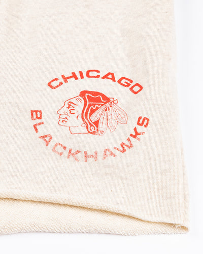 oatmeal '47 brand ladies shorts with Chicago Blackhawks logo printed on left thigh - detail  lay flat