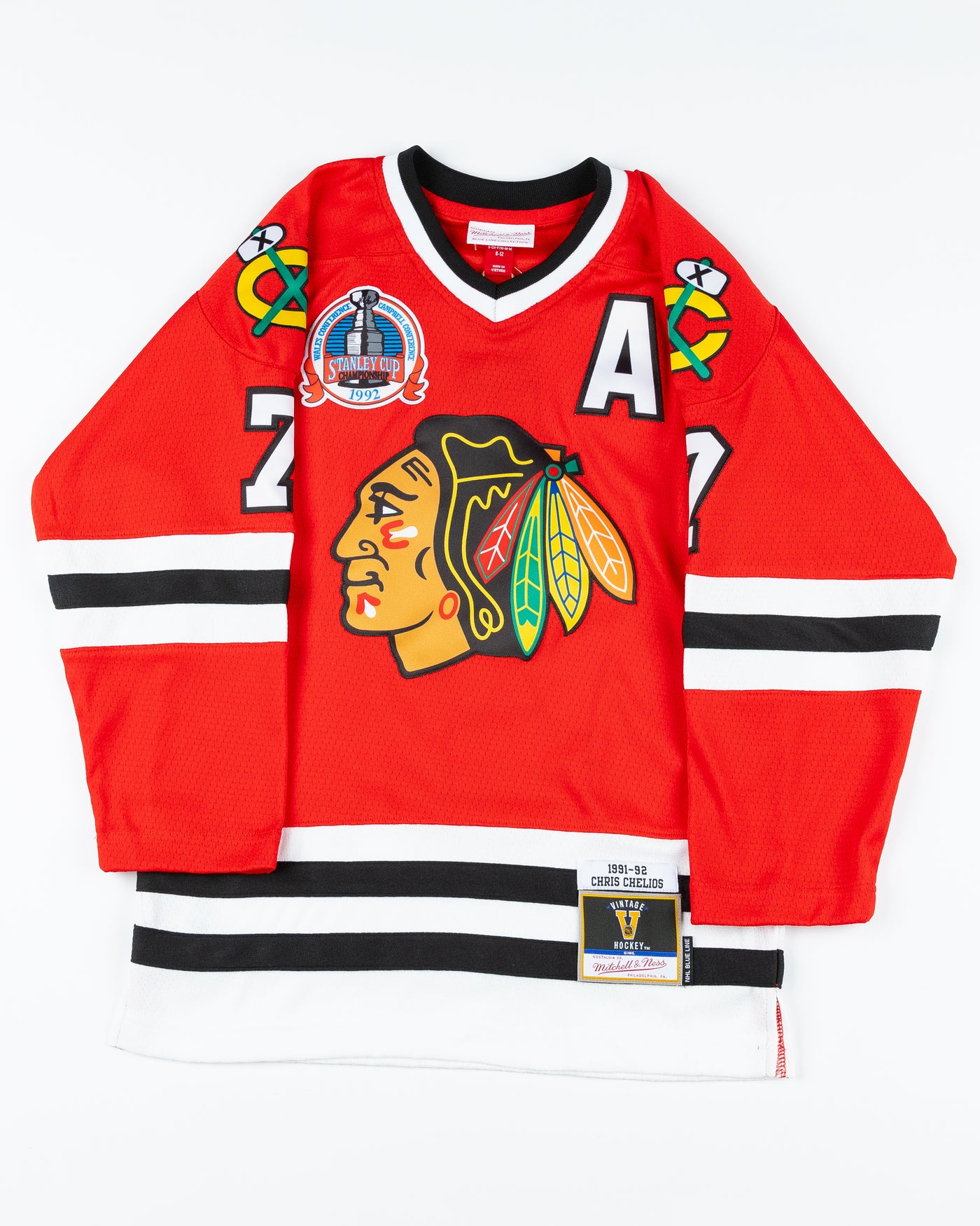 red vintage inspired youth Mitchell & Ness Chelios jersey - front lay flat 