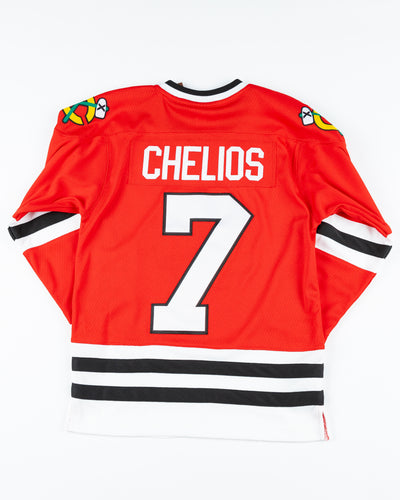 red vintage inspired youth Mitchell & Ness Chelios jersey - back lay flat 