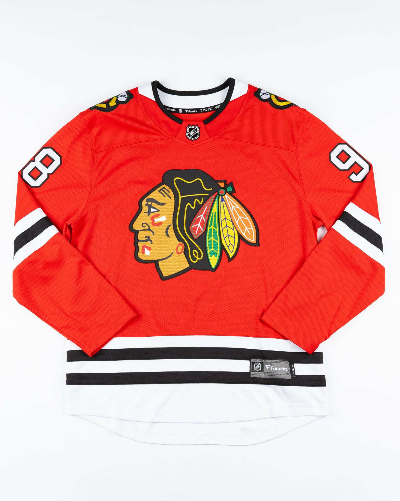 red Fanatics replica Chicago Blackhawks jersey with Connor Bedard name and number - front lay flat