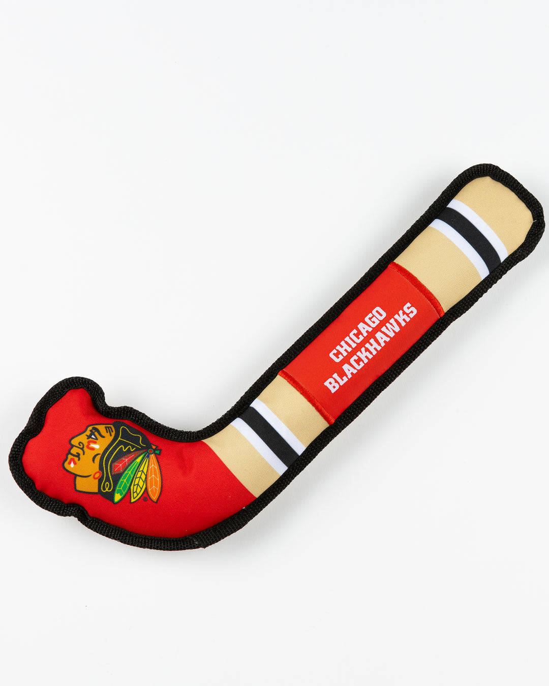 Chicago Blackhawks dog toy in shape of hockey stick - front lay flat