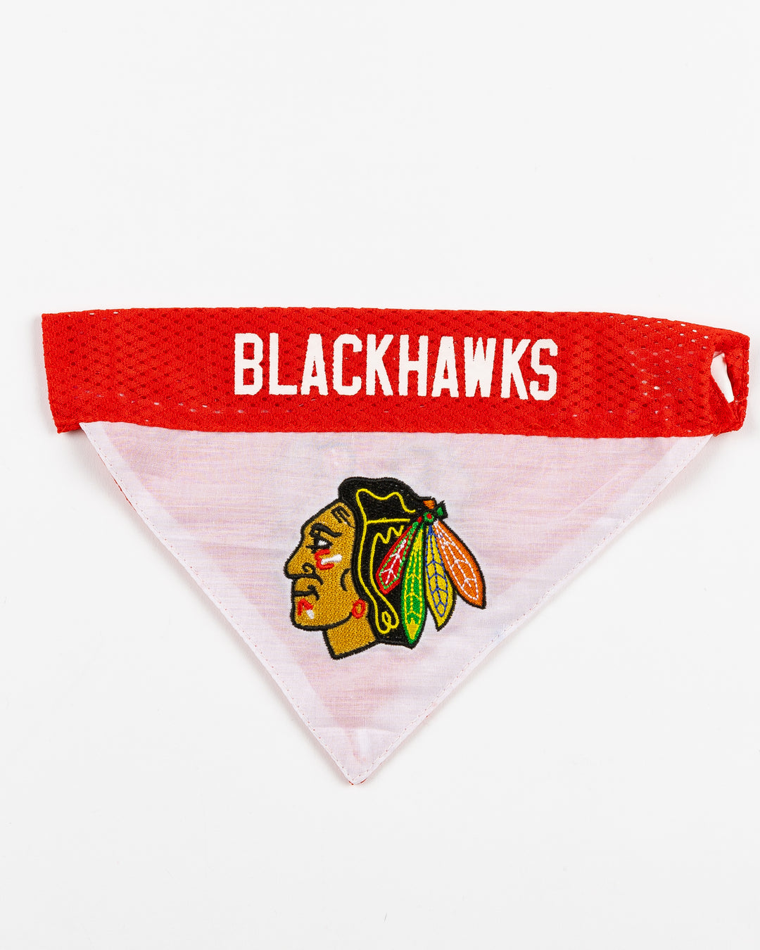 reversible red and white Chicago Blackhawks pet bandana - front lay flat