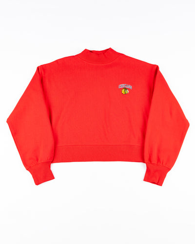 red cropped mock neck chicka-d long sleeve with embroidered Chicago Blackhawks wordmark and primary logo on left chest - front lay flat