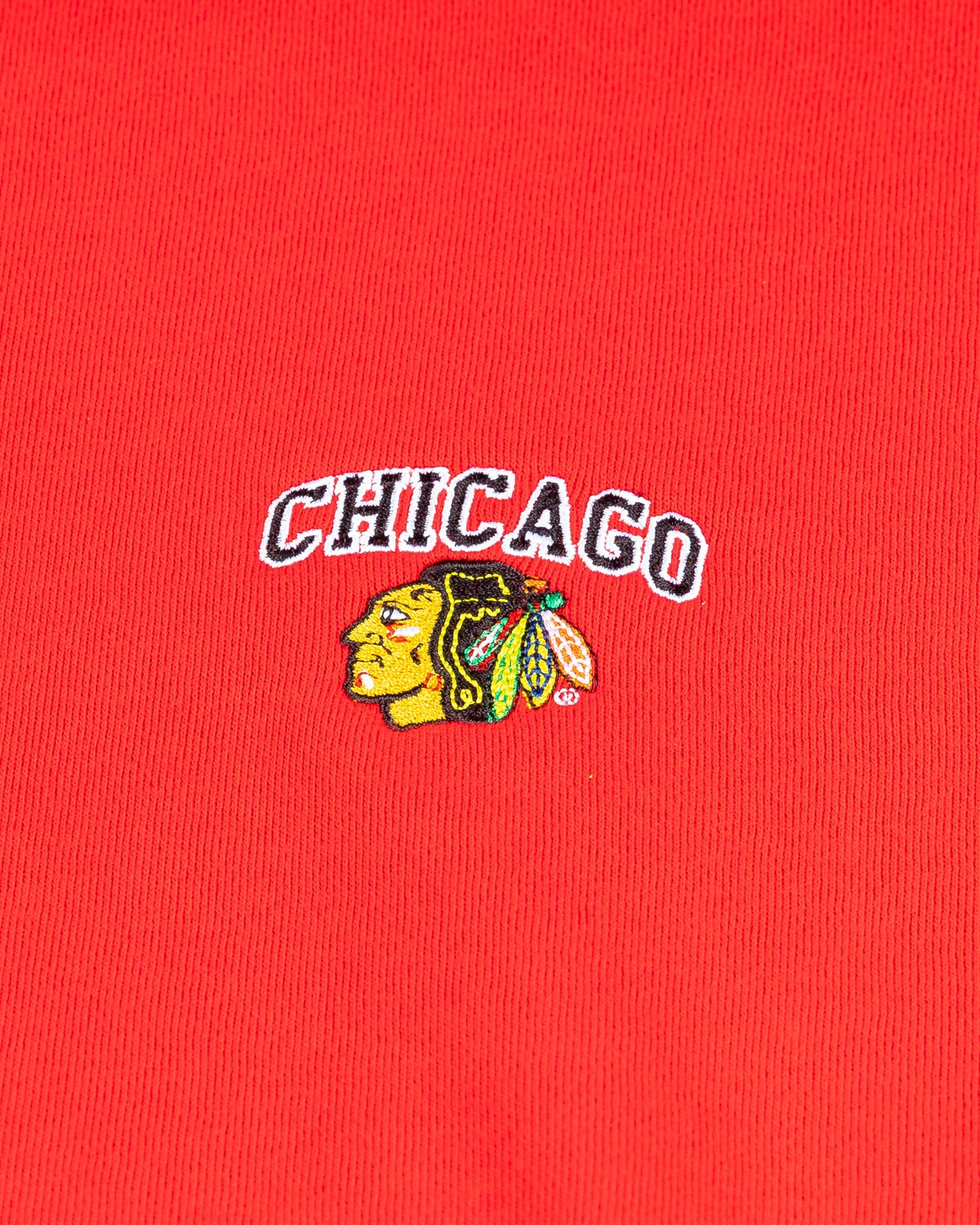 red cropped mock neck chicka-d long sleeve with embroidered Chicago Blackhawks wordmark and primary logo on left chest - detail lay flat