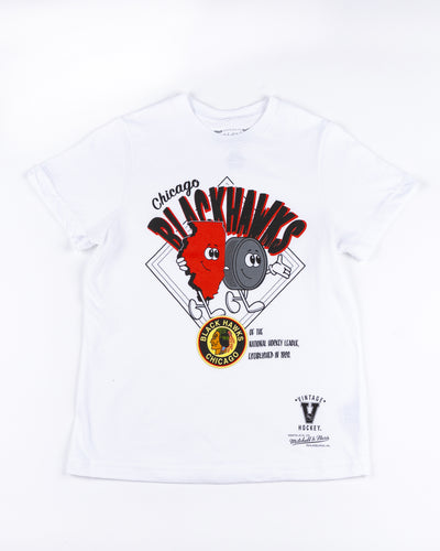 white Mitchell & Ness youth short sleeve tee with Chicago Blackhawks graphic and vintage logo - front lay flat