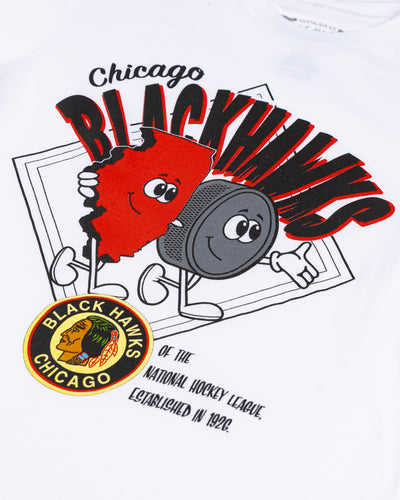 white Mitchell & Ness youth short sleeve tee with Chicago Blackhawks graphic and vintage logo - front detail lay flat