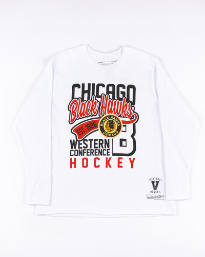 white Mitchell & Ness youth long sleeve tee with word graphic across front and vintage Chicago Blackhawks logo - front lay flat